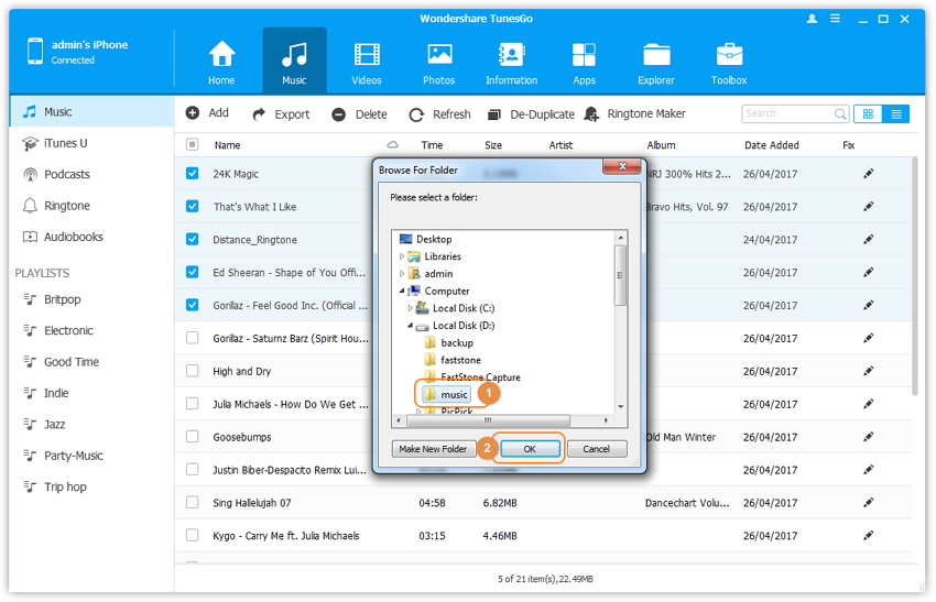 Transfer Audio from iPhone/iPad/iPod to Computer - choose the target folder