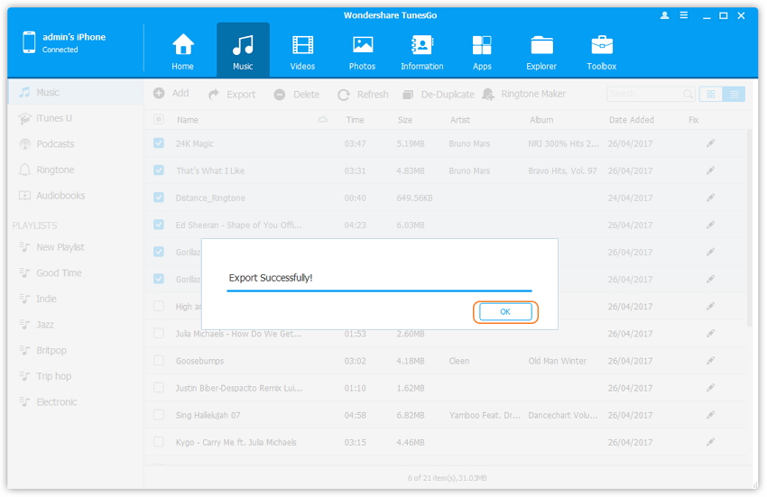 Transfer Audio from iPhone/iPad/iPod to iTunes Library - Export successfully
