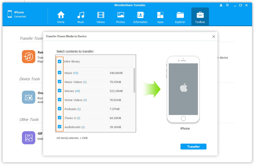 Transfer iTunes Media to Device - Scan and select media contents in iTunes