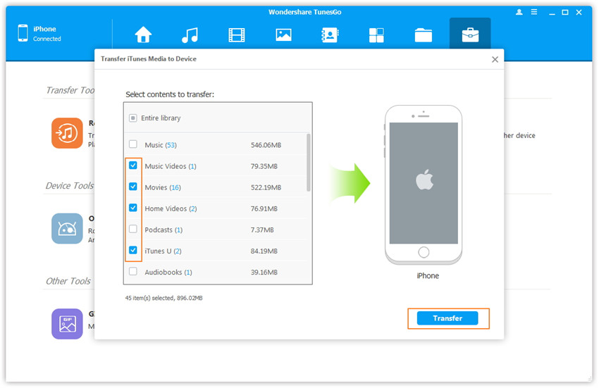 Transfer iTunes Media to Device - Scan and select media contents in iTunes