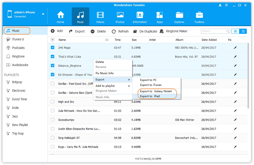 Transfer Music Between iPhone/iPad/iPod/Android Devices - Select and transfer music between devices 