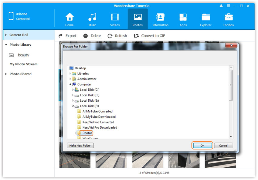 Transfer Photos from iPhone/iPad/iPod to Computer - choose the target folder
